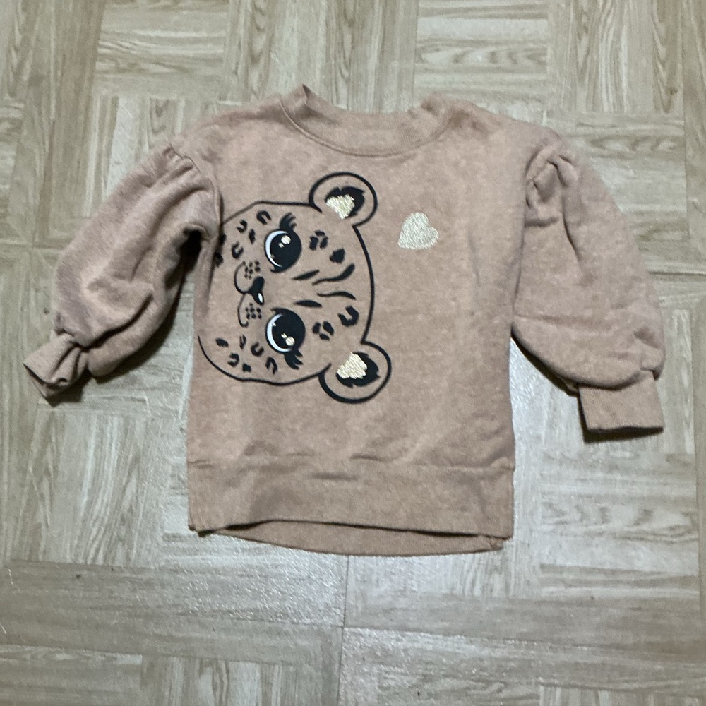360 Sweater Girls Pink Tan Leopard Face Sweater with Gold Heart